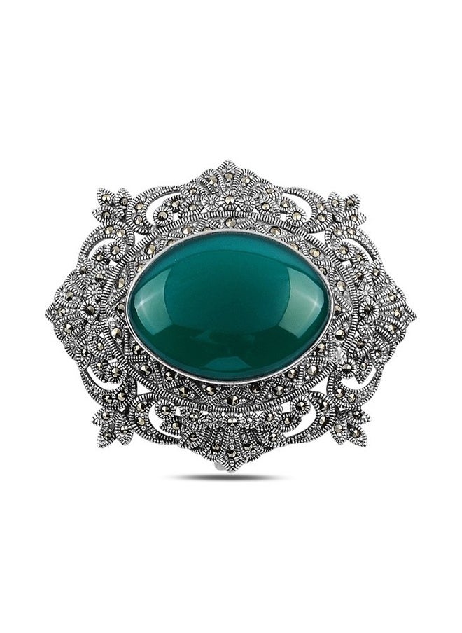 EMNON 925 Silver-Natural Green Agate & Marcasite Brooch & Pendant-High-Quality Jewelry in UAE Dubai 100% Precious Metal Gift for Women-EMNON93BRO-BR92730 