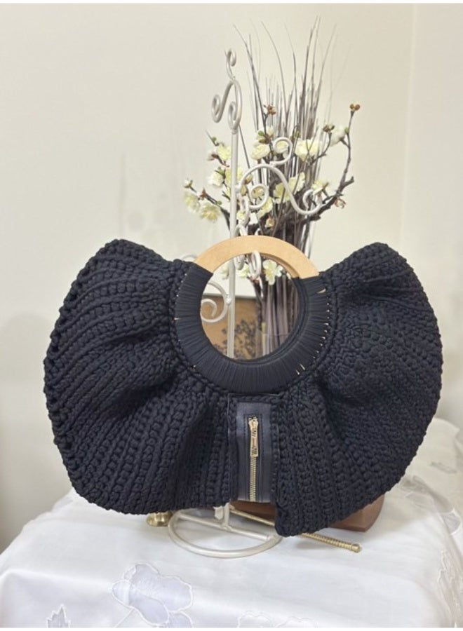 RandSac Black Crochet Handbag with Ruffled Design, Wooden Handle, and Zipper Closure - Image 2