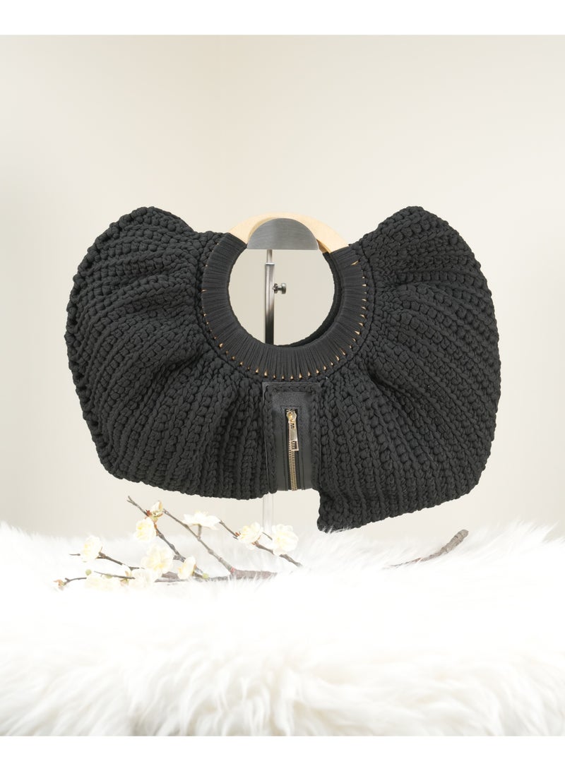 RandSac Black Crochet Handbag with Ruffled Design, Wooden Handle, and Zipper Closure - Image 1