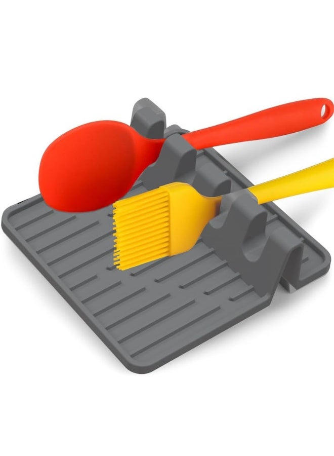 Gray Heat Resistant Silicone Spoon Rest with Drip Pad, BPA Free Non Slip Kitchen Utensil Spoon Holder Kitchen Gadget - Image 1