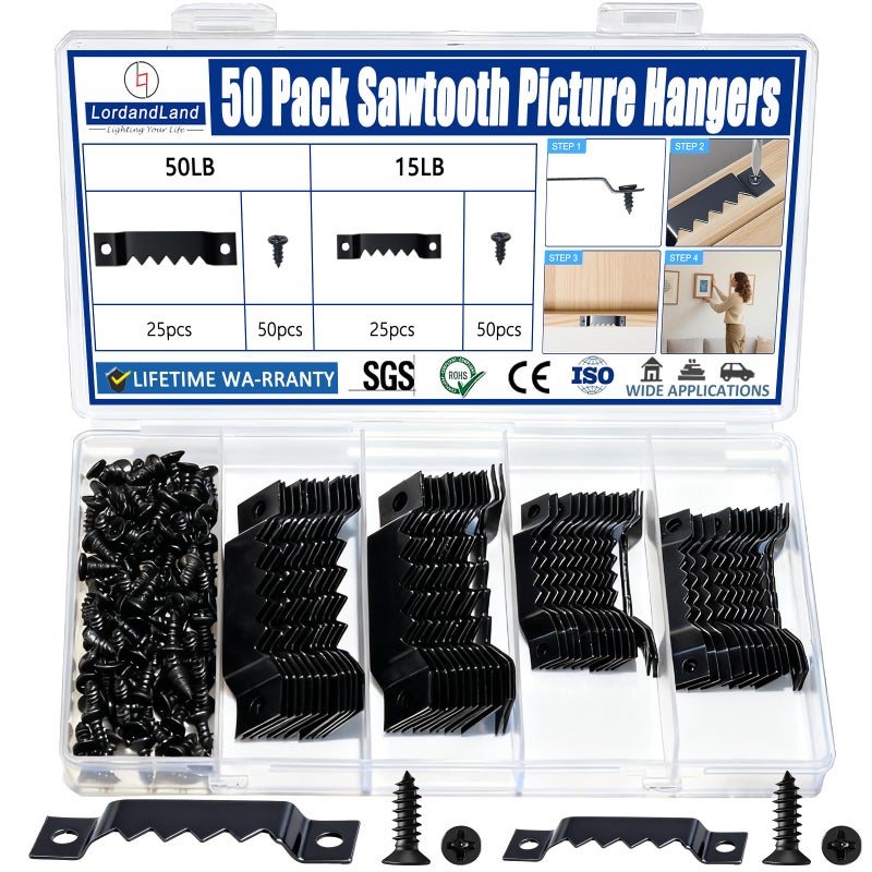 LordandLand 50 Pack Sawtooth Picture Hangers â€“ Small & Heavy-Duty Wall Hanging Kit, 2 Sizes for Photo Frames, Art, Paintings, Canvas Hooks, and Picture Hanging Hardware - Image 1