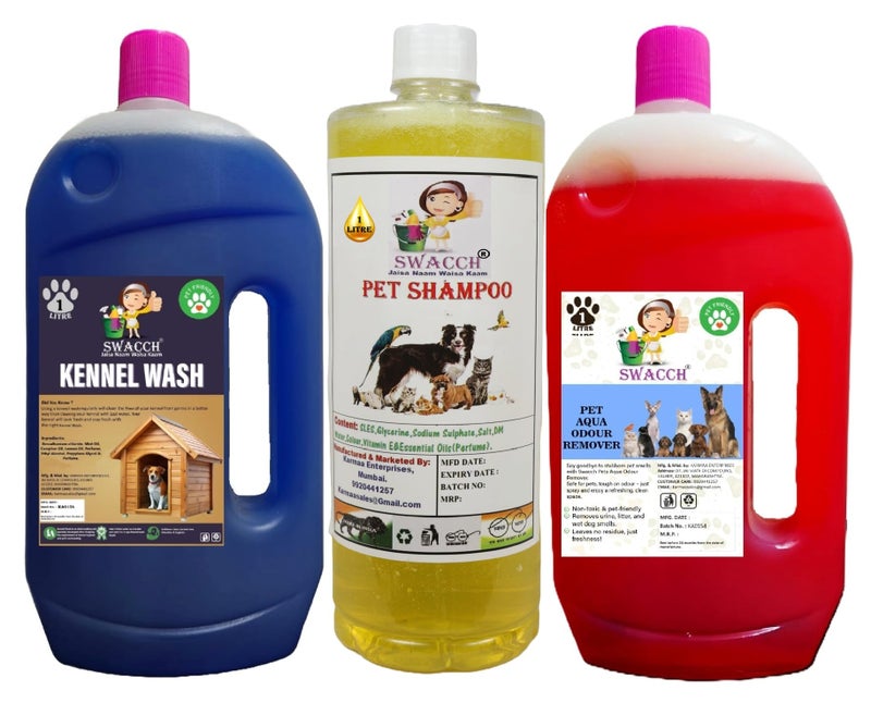 swacch Kennel Wash (Lavender) + Pet Shampoo (Lemon) I Pet Aqua Odour Remover (Strawberry) 1 Litre Combo Pack of 3 Economical Pack I Dog and Cat Friendly - Image 1