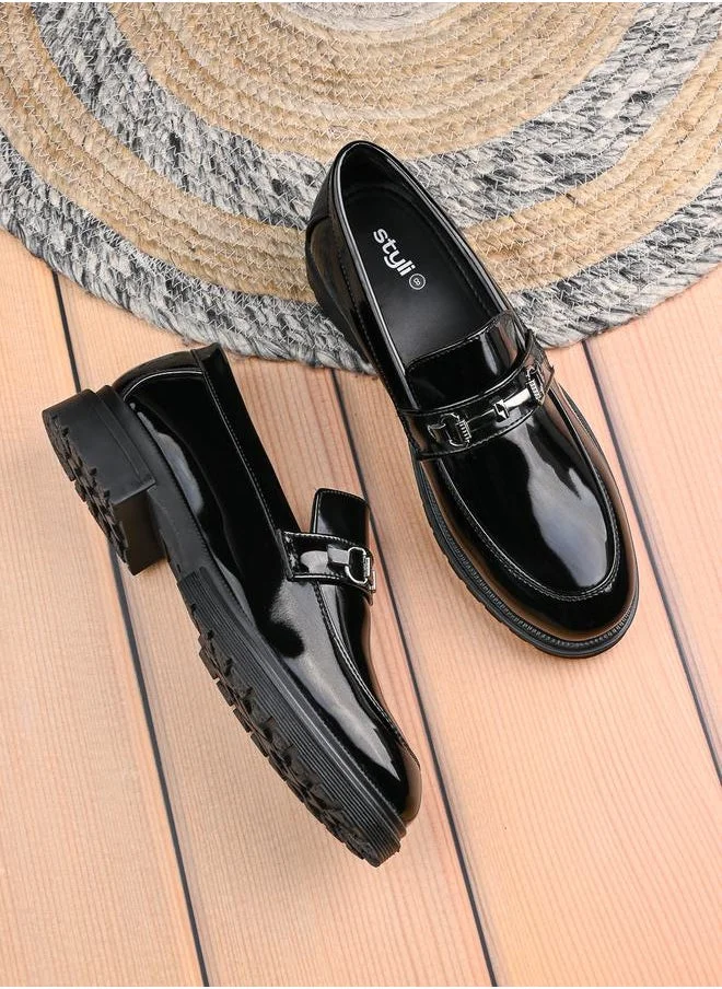 Styli Patent Metal Horse Buckle Detail Chunky Loafers