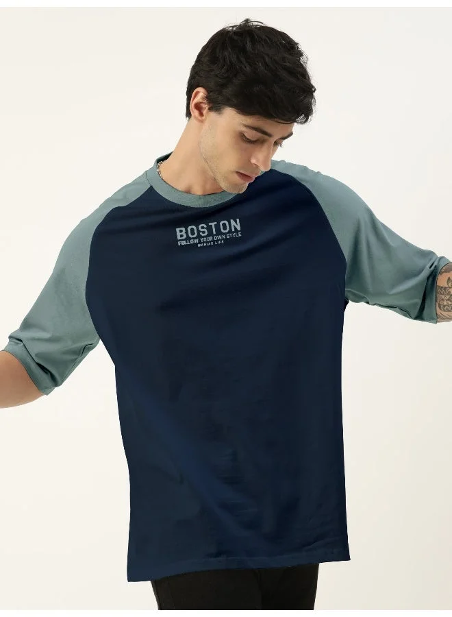 Maniac Maniac Mens Printed Round Neck raglan Half Sleeve Navy and Light Grey Cotton Oversized Tshirt