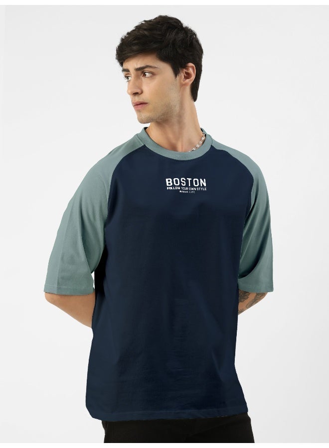 Maniac Mens Printed Round Neck raglan Half Sleeve Navy and Light Grey Cotton Oversized Tshirt - Image 3