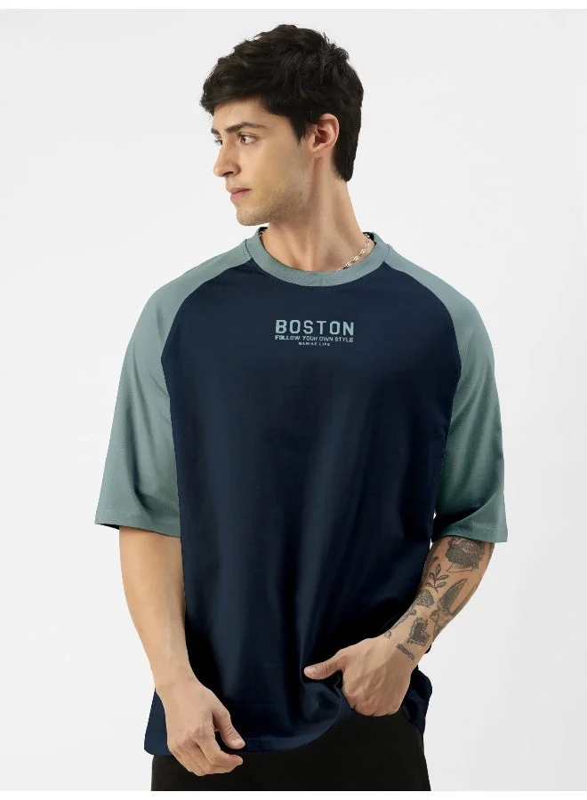 Maniac Maniac Mens Printed Round Neck raglan Half Sleeve Navy and Light Grey Cotton Oversized Tshirt