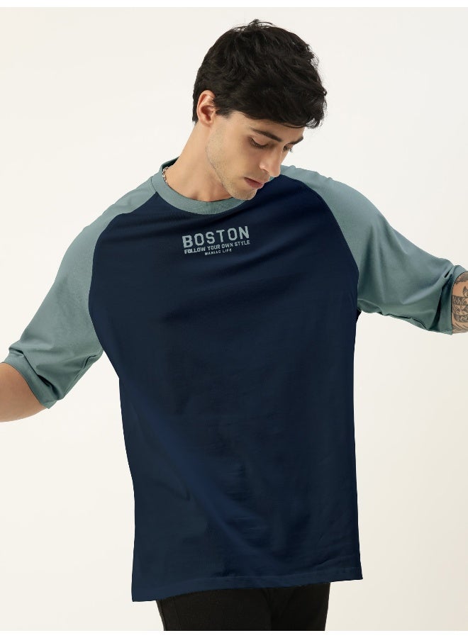 Maniac Mens Printed Round Neck raglan Half Sleeve Navy and Light Grey Cotton Oversized Tshirt - Image 2