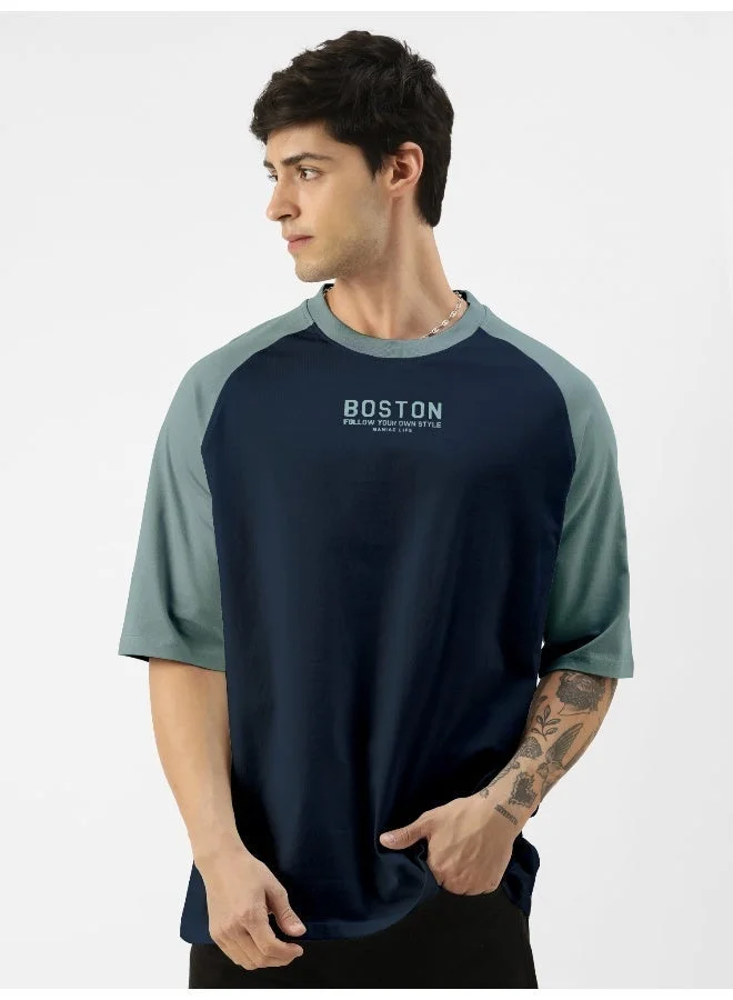 Maniac Maniac Mens Printed Round Neck raglan Half Sleeve Navy and Light Grey Cotton Oversized Tshirt