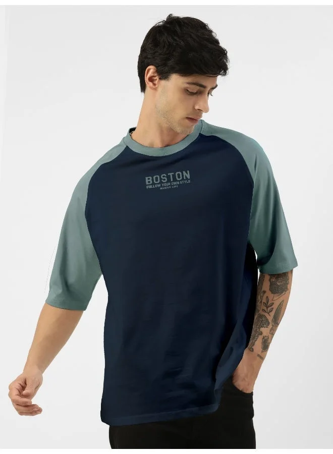 Maniac  Maniac Mens Printed Round Neck raglan Half Sleeve Navy and Light Grey Cotton Oversized Tshirt for Men | Best Price UAE