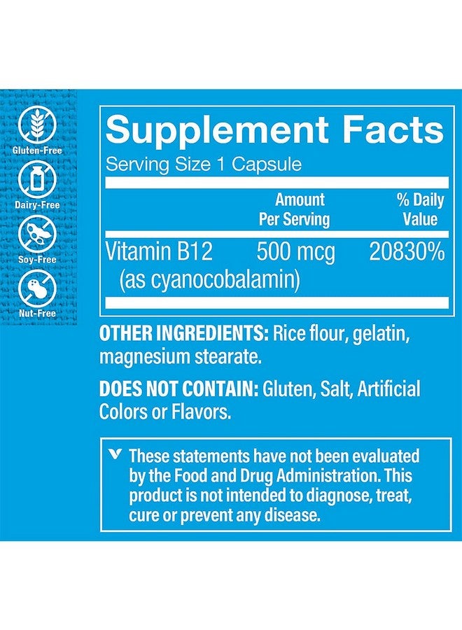The Vitamin Shoppe Vitamin B12 500mcg - Supports Energy Production, Once Daily Dietary Supplement - Vitamin B-12 (As Cyanocobalamin), Gluten & Dairy Free (100 Capsules) by The Vitamin Shoppe - Image 3