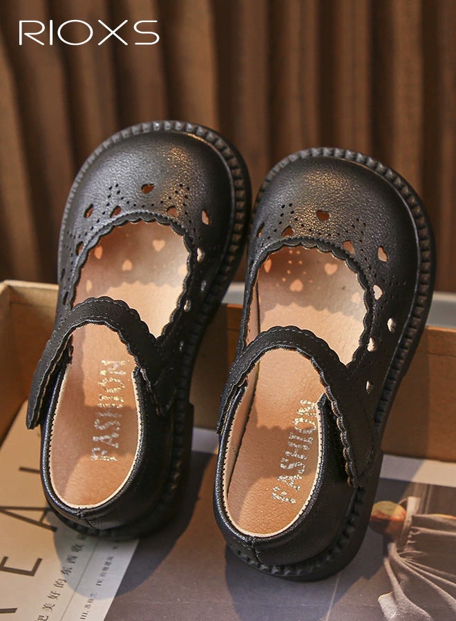 ريوكس أحذية رسمية للبنات، أحذية ماري جين جلدية مسطحة، أحذية راقصة باليه أميرة بفتحات تهوية للأطفال الصغار، أحذية رسمية مريحة تناسب الزي المدرسي لحفلات الزفاف والعروض وحفلات التخرج، لون أسود. - Image 1