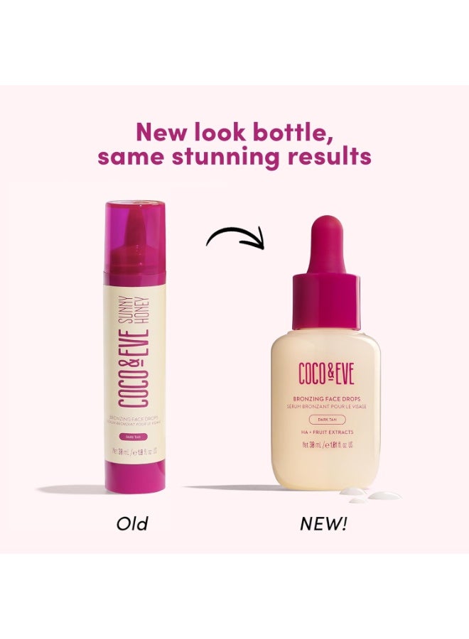 COCO & EVE قطرات برونزية للوجه من كوكو وإيف ساني هوني (توهج متوسط) للتسمير الذاتي الطبيعي. حمض الهيالورونيك المرطب. سيروم تسمير الوجه التدريجي. تانر مرطب بدون شمس داخلي (1 أونصة سائلة) - Image 2