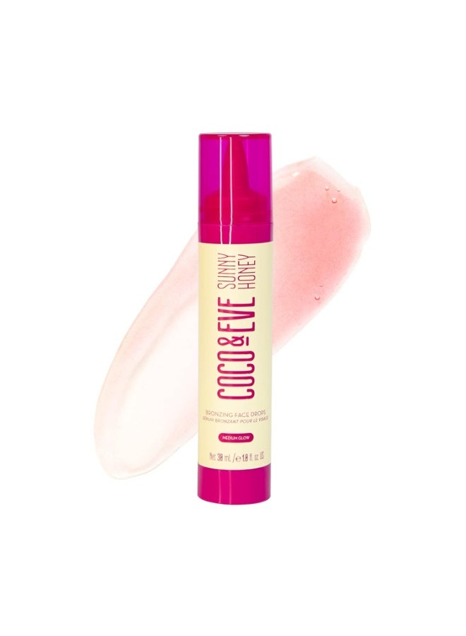 COCO & EVE قطرات برونزية للوجه من كوكو وإيف ساني هوني (توهج متوسط) للتسمير الذاتي الطبيعي. حمض الهيالورونيك المرطب. سيروم تسمير الوجه التدريجي. تانر مرطب بدون شمس داخلي (1 أونصة سائلة) - Image 1