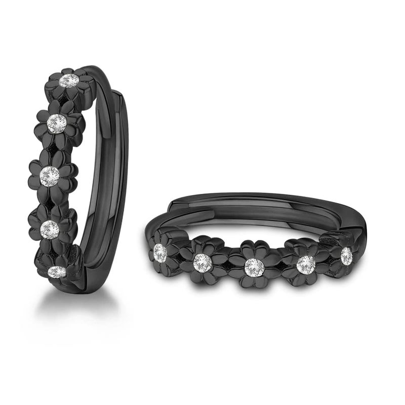 CiNily Black Gold Plated Flower Small Hoop Earrings for Women Hypoallergenic Cubic Zirconia Huggie Earrings - Image 1