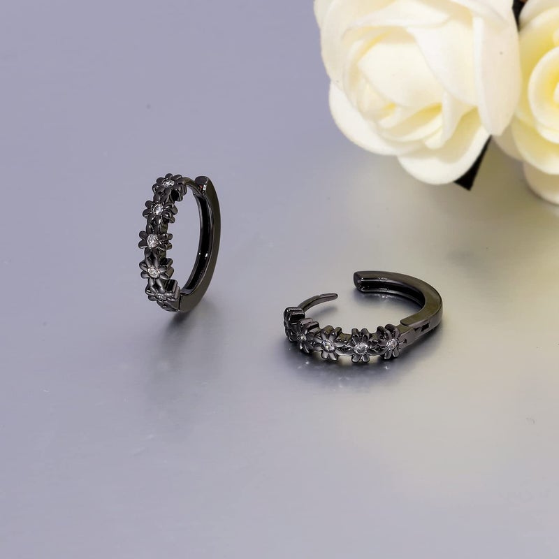 CiNily Black Gold Plated Flower Small Hoop Earrings for Women Hypoallergenic Cubic Zirconia Huggie Earrings - Image 4