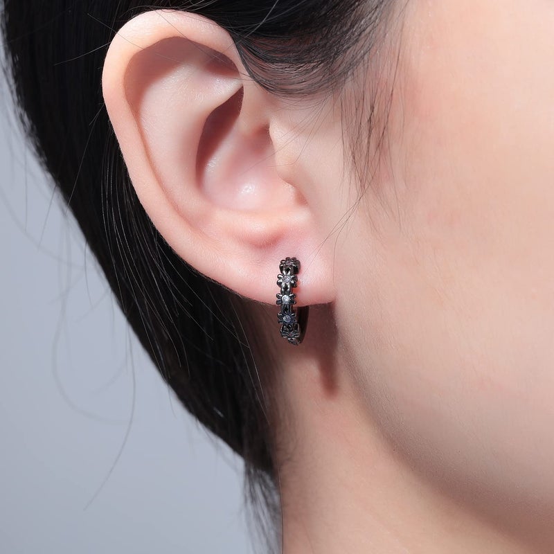 CiNily Black Gold Plated Flower Small Hoop Earrings for Women Hypoallergenic Cubic Zirconia Huggie Earrings - Image 3