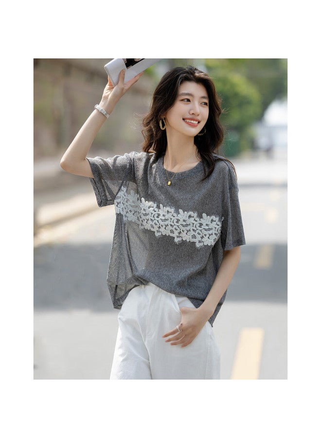dme Filter】Summer Comfortable Lace Decorated Base Shirt Round Neck Straight Tube Concealed Flesh Women'S T-Shirt - Image 2