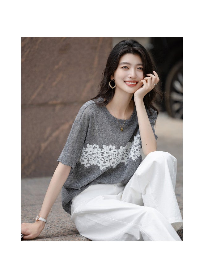 dme Filter】Summer Comfortable Lace Decorated Base Shirt Round Neck Straight Tube Concealed Flesh Women'S T-Shirt - Image 1