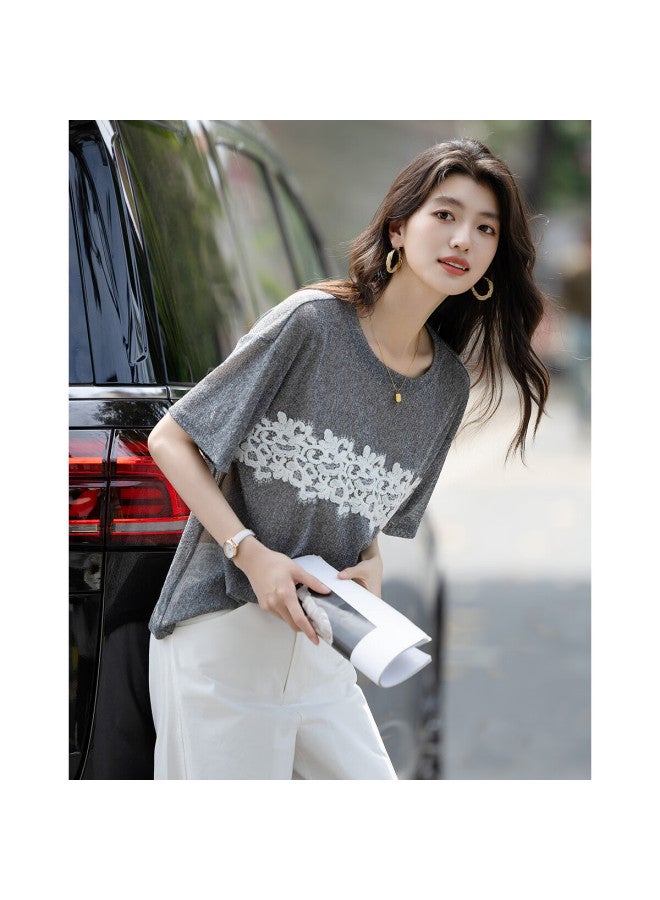 dme Filter】Summer Comfortable Lace Decorated Base Shirt Round Neck Straight Tube Concealed Flesh Women'S T-Shirt - Image 3