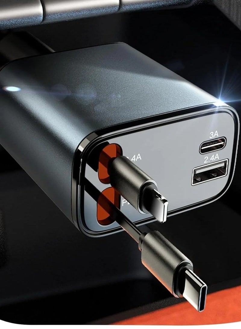 MIXSNOW 4 في جهاز واحد قابل للسحب مهايئ إخماد السجائر [69 واط]، سريع الشحن USB C مهايئ شاحن السيارة مع كابل كابل قابل للسحب، منظمة السيارات لآيفون 15 برو ماكس بلس - Image 1
