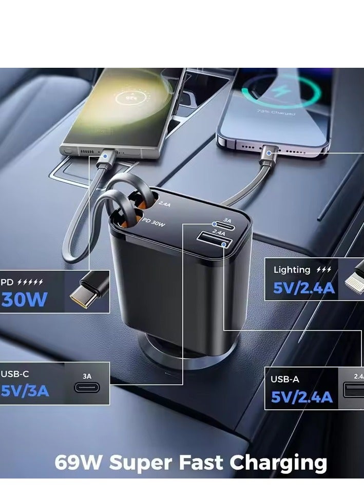 MIXSNOW 4 في جهاز واحد قابل للسحب مهايئ إخماد السجائر [69 واط]، سريع الشحن USB C مهايئ شاحن السيارة مع كابل كابل قابل للسحب، منظمة السيارات لآيفون 15 برو ماكس بلس - Image 4