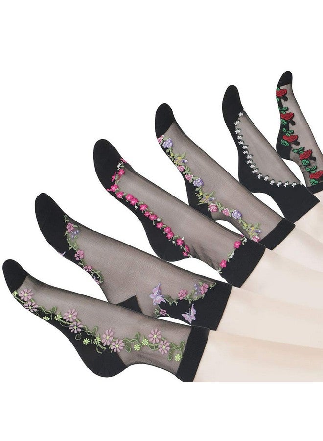 Tvoip Tvoip 6 Pairs Fashion Women Lace Flower Ankle High Fish Net Socks Crystal Glass Silk Short Thin Transparent Roses Fishnet Socks - Image 1