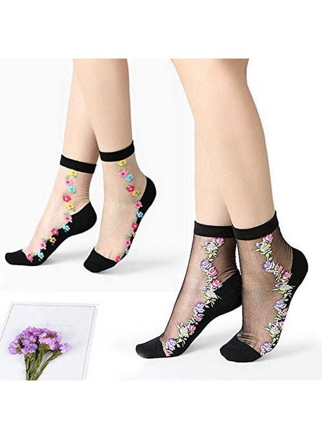 Tvoip Tvoip 6 Pairs Fashion Women Lace Flower Ankle High Fish Net Socks Crystal Glass Silk Short Thin Transparent Roses Fishnet Socks - Image 5