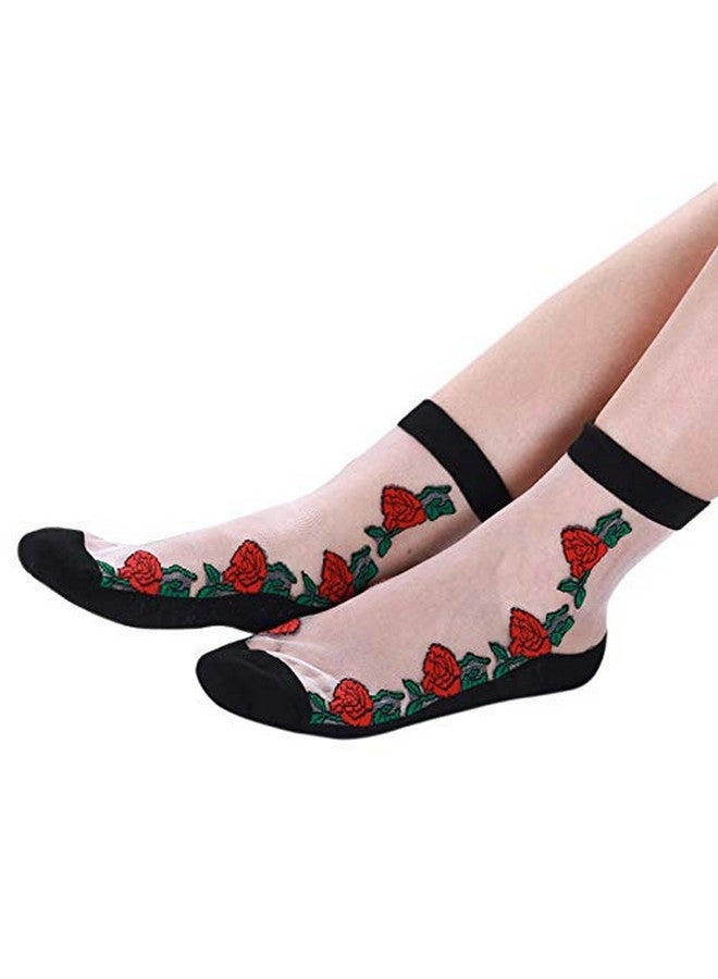 Tvoip Tvoip 6 Pairs Fashion Women Lace Flower Ankle High Fish Net Socks Crystal Glass Silk Short Thin Transparent Roses Fishnet Socks - Image 2