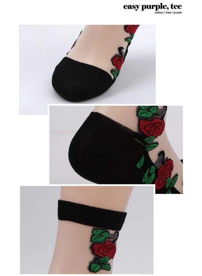 Tvoip Tvoip 6 Pairs Fashion Women Lace Flower Ankle High Fish Net Socks Crystal Glass Silk Short Thin Transparent Roses Fishnet Socks - Image 4