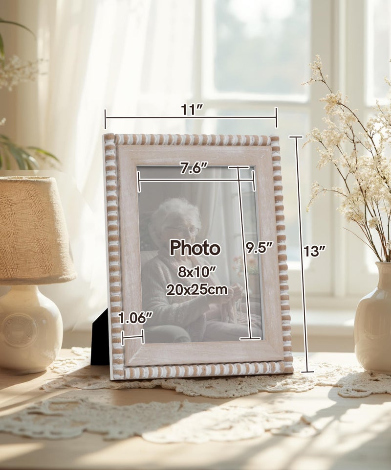 Afuly 8x10 Farmhouse Picture Frame Boho White Beads Photo Frame Wooden Distressed Wall Hanging Desk Standing Decor Artwork Personalized Birthday Gifts for Family, Couple, Friends - Image 2