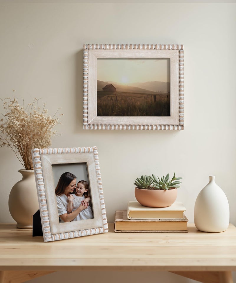 Afuly 8x10 Farmhouse Picture Frame Boho White Beads Photo Frame Wooden Distressed Wall Hanging Desk Standing Decor Artwork Personalized Birthday Gifts for Family, Couple, Friends - Image 5