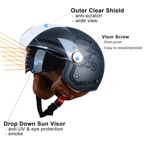 BEON Open Face Motorcycle Helmet for Adults DOT Approved34 Retro Vespa Helmet Dual Visors Mens and Womens Motorbike Casco for Moped Cruiser Bobber and ChopperSBCR Matte Metallic Light Grey - Image 3