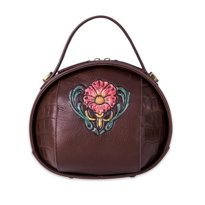 SHARPAD Vintage Genuine Leather Crossbody Bag for Women â€“ Small Structured Top Handle Purse with Hand-Embossed Flower(brown) - Image 1