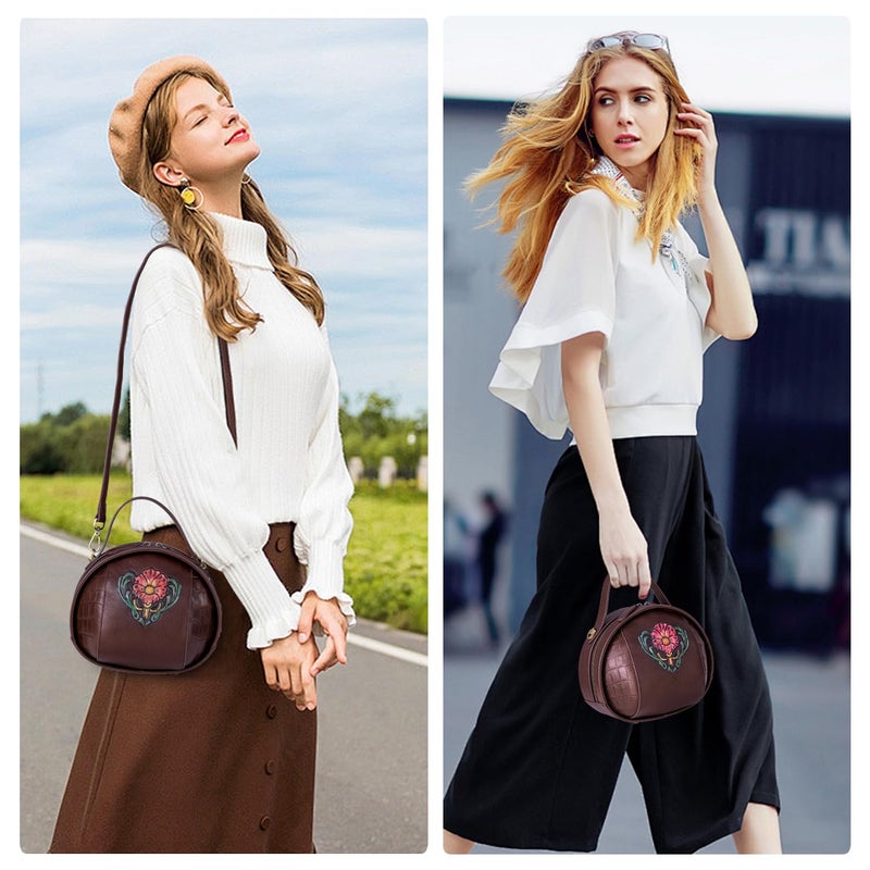 SHARPAD Vintage Genuine Leather Crossbody Bag for Women â€“ Small Structured Top Handle Purse with Hand-Embossed Flower(brown) - Image 2