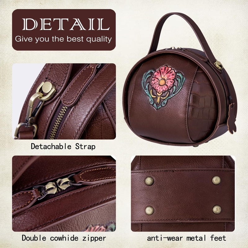 SHARPAD Vintage Genuine Leather Crossbody Bag for Women â€“ Small Structured Top Handle Purse with Hand-Embossed Flower(brown) - Image 5