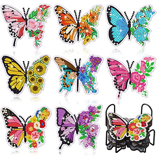 Shellwei 8 Pcs Butterfly Diamond Painting Art Coasters with Holder Spring Butterfly Diamond Painting Kit Colorful DIY Crafts Coasters for Adults Beginner Gift Supplies - Image 1