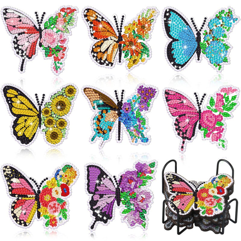 Shellwei 8 Pcs Butterfly Diamond Painting Art Coasters with Holder Spring Butterfly Diamond Painting Kit Colorful DIY Crafts Coasters for Adults Beginner Gift Supplies - Image 3