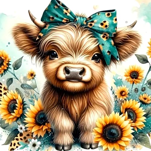 MOMDEDP Diamond Painting Kits for Adults, 5D Cow and Flower Full Drill Diamond Art, DIY Highland Cow Diamond Art Kit Animal Gem Art for Home Wall Decor 12 X12 inch - Image 1