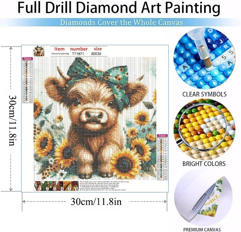 MOMDEDP Diamond Painting Kits for Adults, 5D Cow and Flower Full Drill Diamond Art, DIY Highland Cow Diamond Art Kit Animal Gem Art for Home Wall Decor 12 X12 inch - Image 3