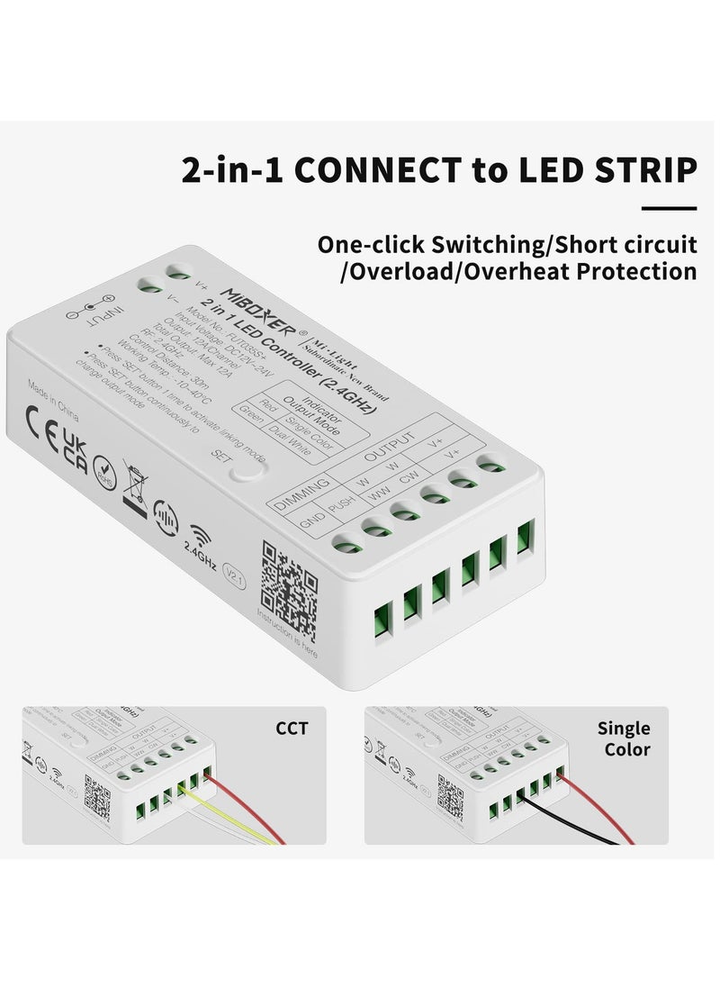 Generic - 2.4G RF Wireless Remote Control LED Controller Kit, 2-in-1 Dimmer for Single Color & CCT LED Strip Lights (2835/COB), 12-24V, 144W-288W (Battery Not Included) - White Remote. - Image 1