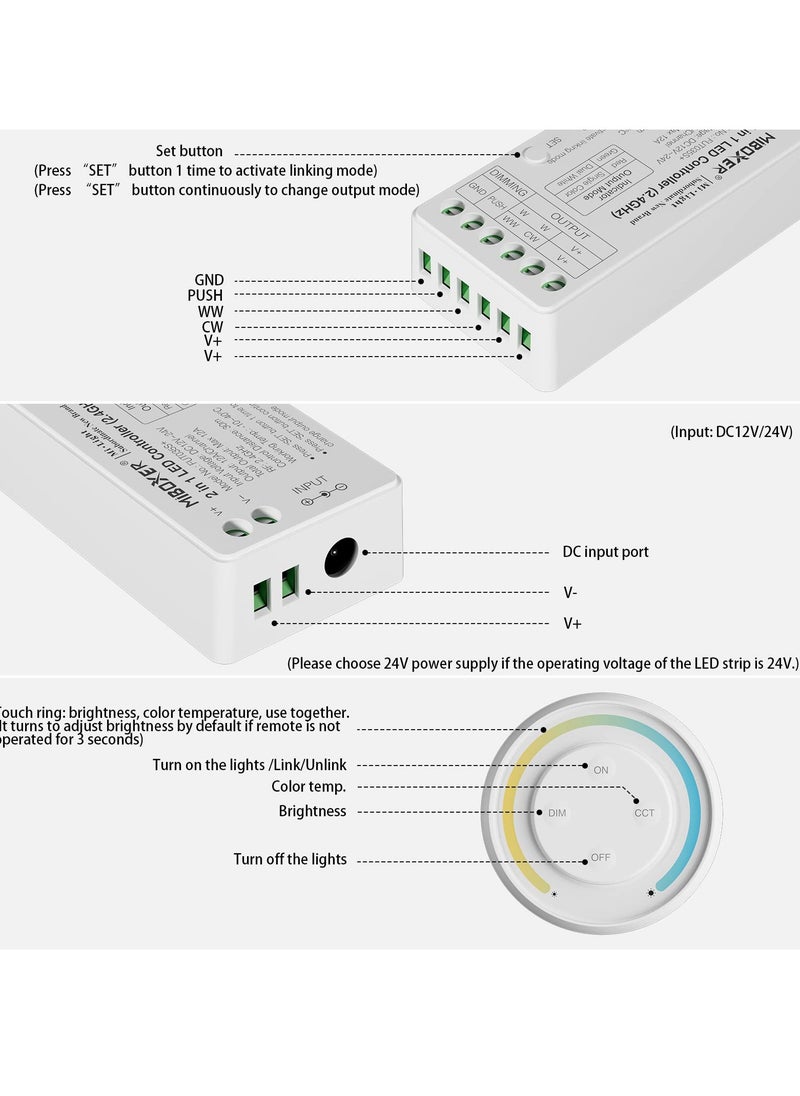 Generic - 2.4G RF Wireless Remote Control LED Controller Kit, 2-in-1 Dimmer for Single Color & CCT LED Strip Lights (2835/COB), 12-24V, 144W-288W (Battery Not Included) - White Remote. - Image 1