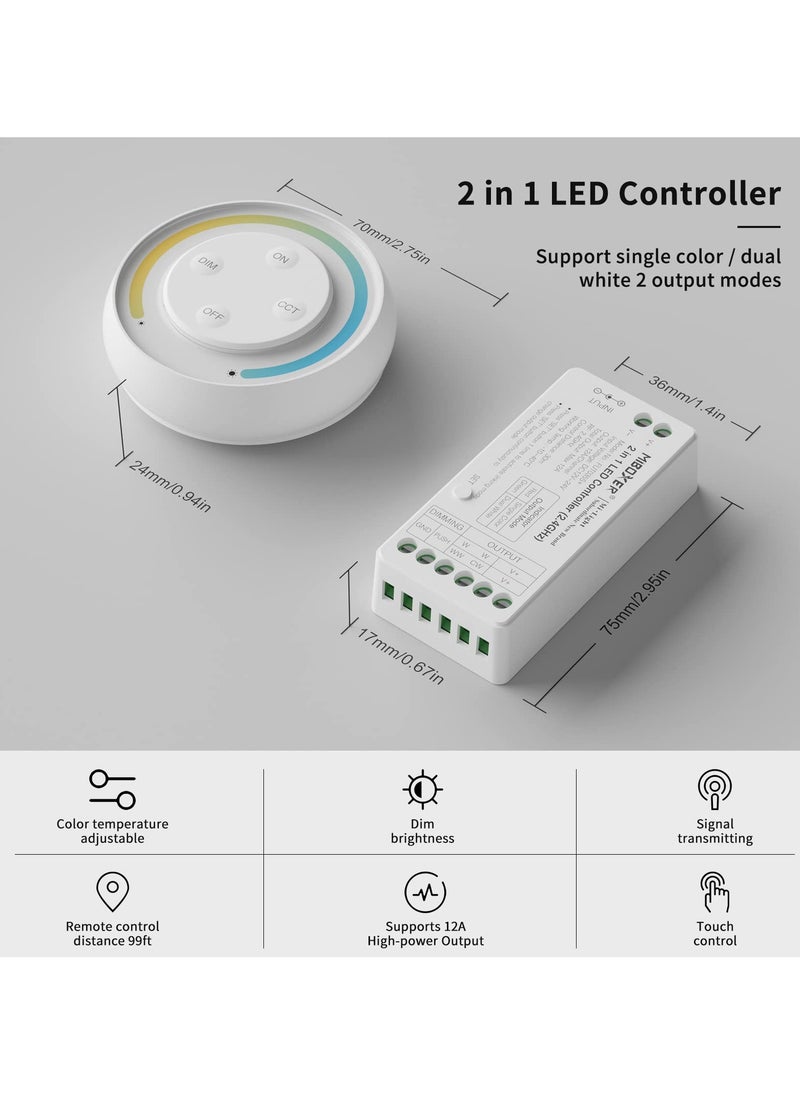 Generic - 2.4G RF Wireless Remote Control LED Controller Kit, 2-in-1 Dimmer for Single Color & CCT LED Strip Lights (2835/COB), 12-24V, 144W-288W (Battery Not Included) - White Remote. - Image 1