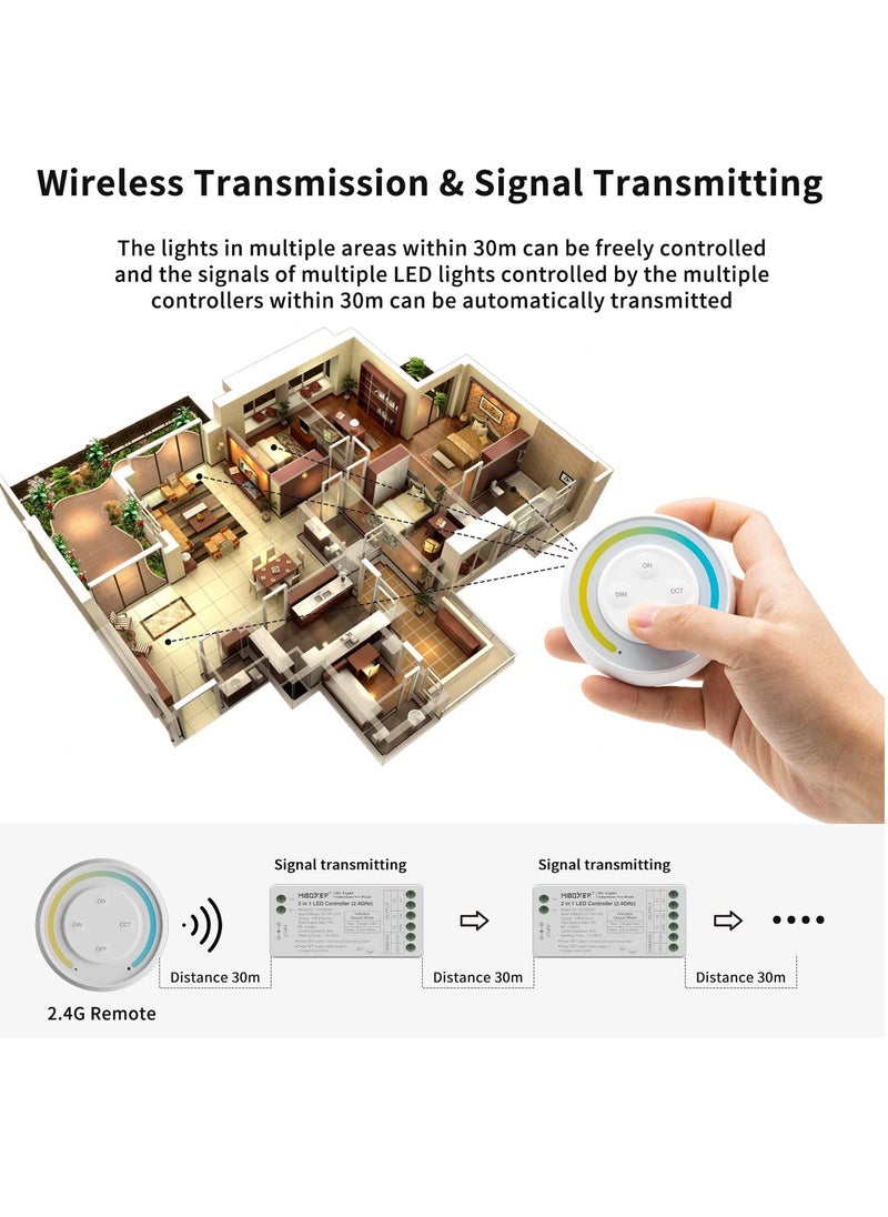 Generic - 2.4G RF Wireless Remote Control LED Controller Kit, 2-in-1 Dimmer for Single Color & CCT LED Strip Lights (2835/COB), 12-24V, 144W-288W (Battery Not Included) - White Remote. - Image 1