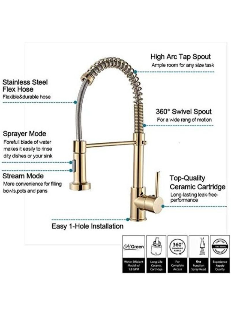 Gold Kitchen Taps | Kitchen Sink Mixer | tap with Solid Brass | Commercial Single Handle | Single Hole | Pull Down Sprayer | Swivel Sprayer | Mixer Tap - Image 5
