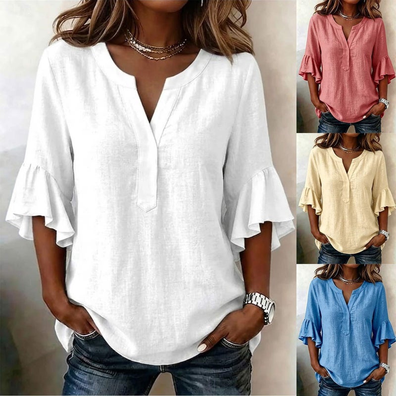 2026 وموقع مستقل جديد أسلوب الصيف النساء V-Neck اللون الصلب العادي Ruffle الأكمام تي شيرت - Image 2