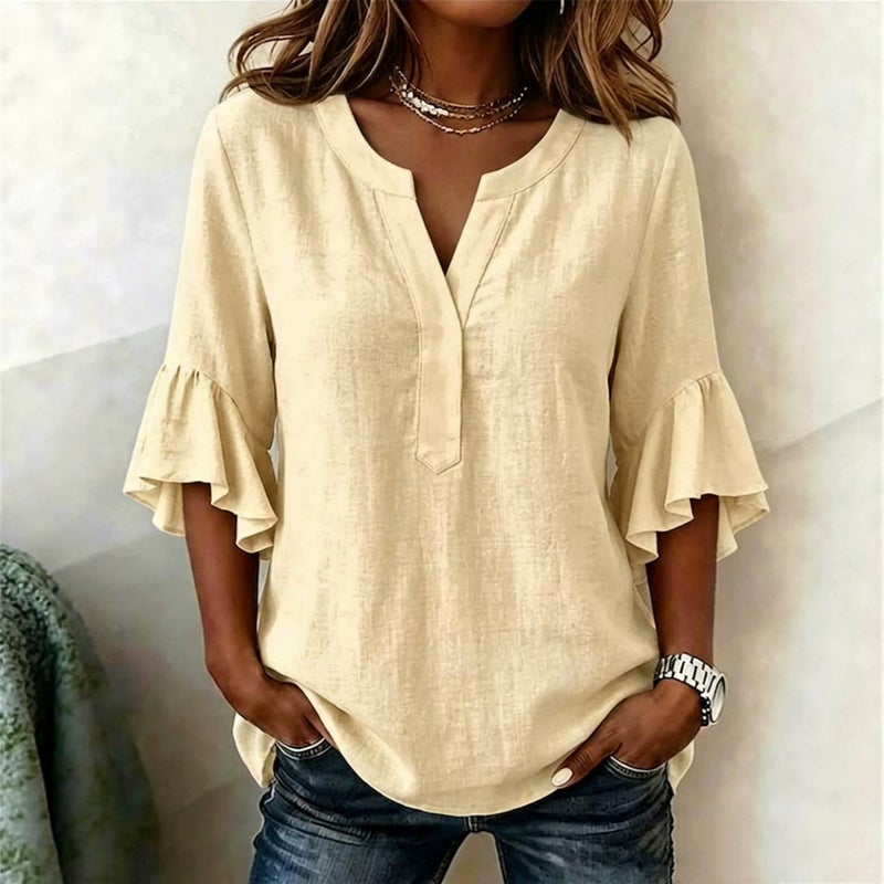 2026 وموقع مستقل جديد أسلوب الصيف النساء V-Neck اللون الصلب العادي Ruffle الأكمام تي شيرت - Image 5
