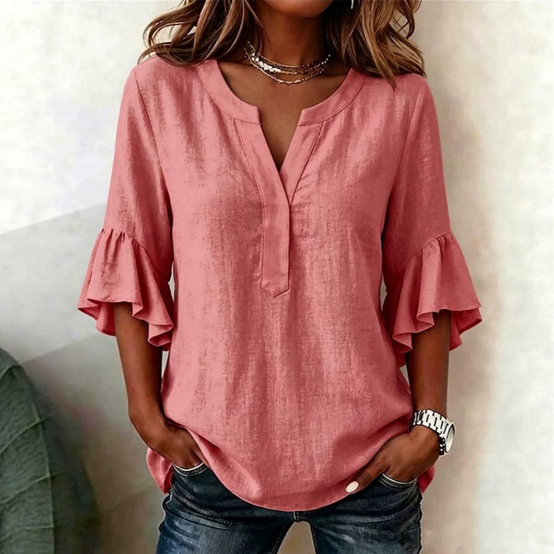 2026 وموقع مستقل جديد أسلوب الصيف النساء V-Neck اللون الصلب العادي Ruffle الأكمام تي شيرت - Image 3