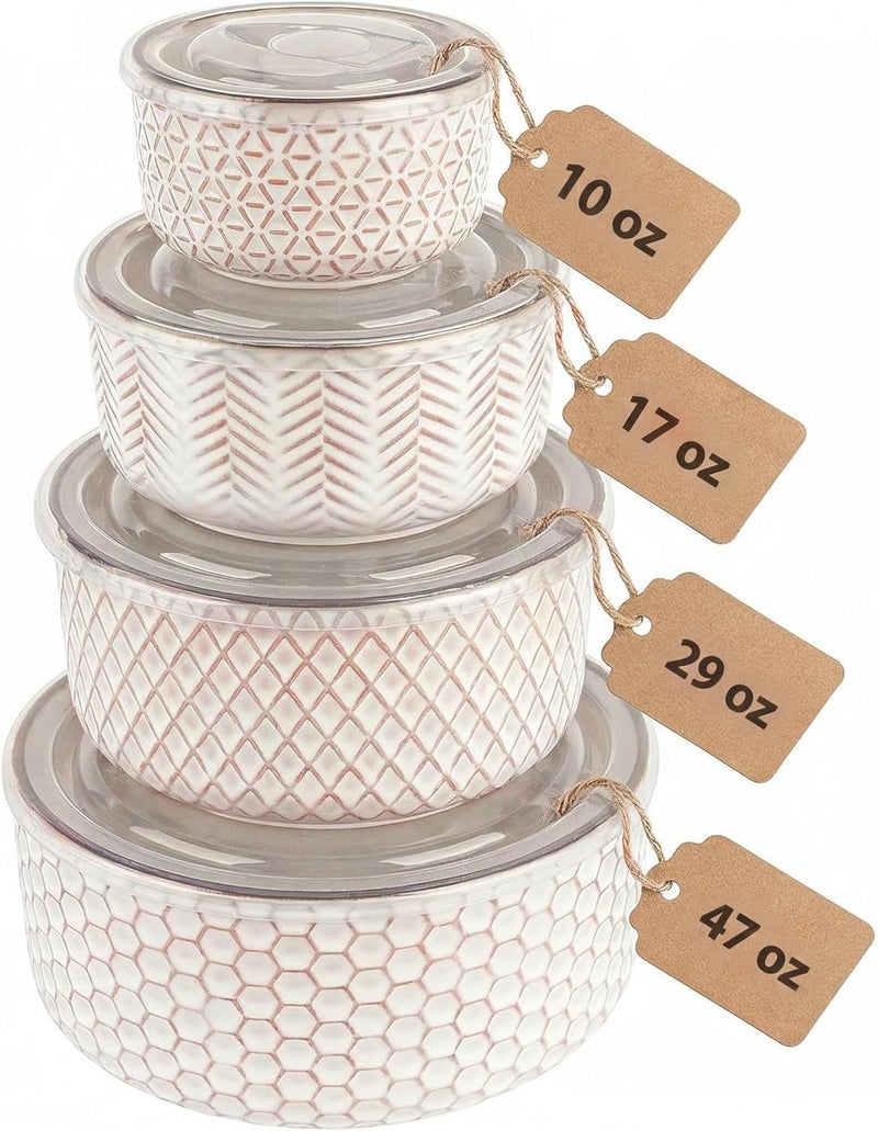KooK Serving Bowls, with Lids, Ceramic Nesting Bowls, Set of 4, Embossed, Kitchen, Prep, Stackable, Gift, Microwave and Dishwasher Safe, 10/16/29/47 oz, Narbonne Collection (Ivory) - Image 1