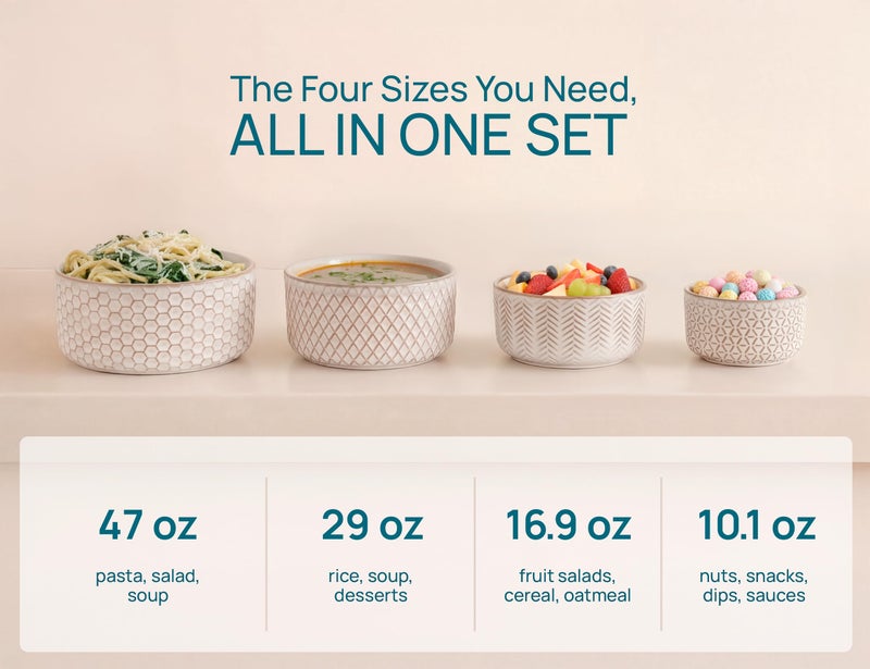 KooK Serving Bowls, with Lids, Ceramic Nesting Bowls, Set of 4, Embossed, Kitchen, Prep, Stackable, Gift, Microwave and Dishwasher Safe, 10/16/29/47 oz, Narbonne Collection (Ivory) - Image 4
