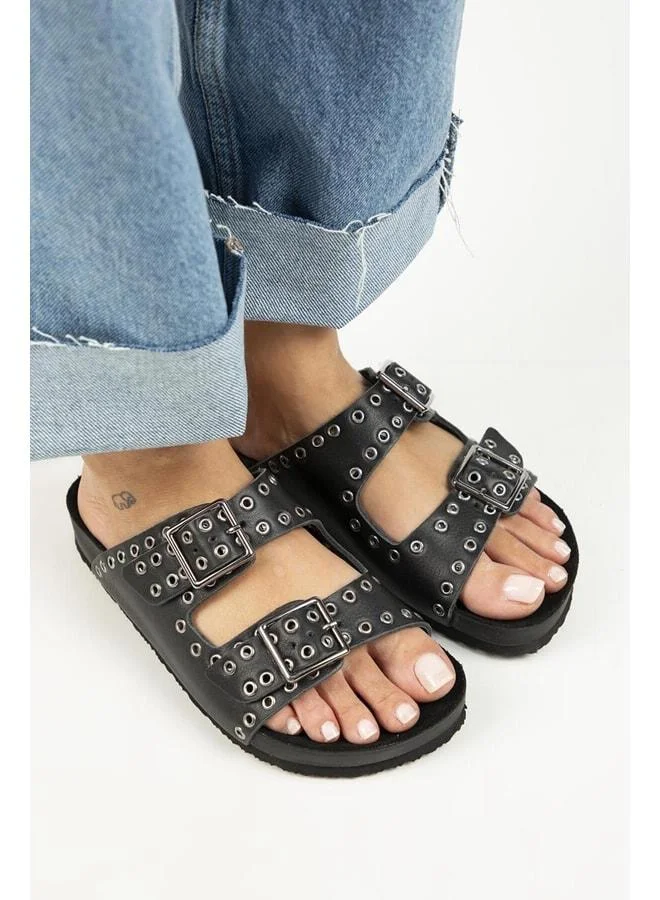 Manijero  Sasha Women's Genuine Leather Double Buckle Black Slippers - Black for Women | Best Price UAE